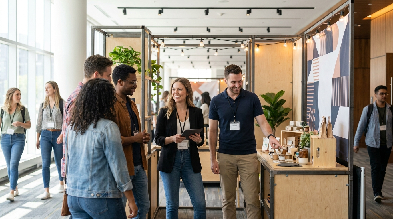 Brand ambassadors engaging visitors at a small business event activation in Ontario