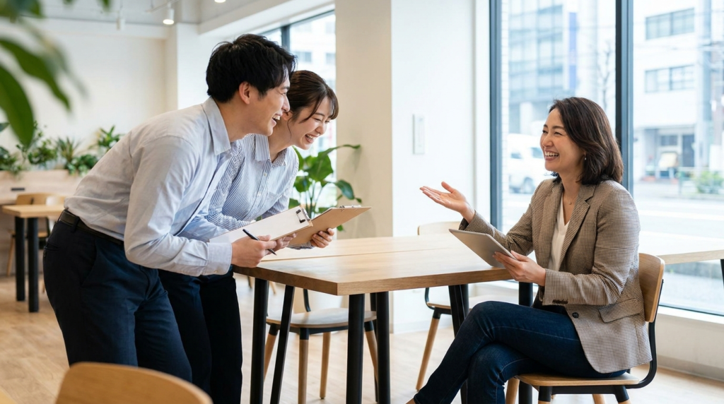 Small business owner briefing and screening potential brand ambassadors before an event