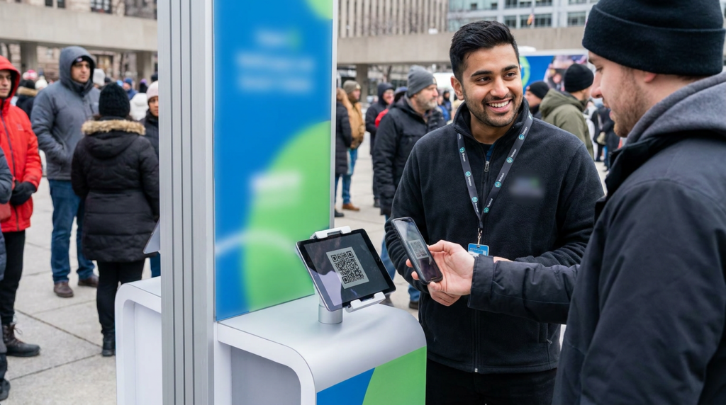 Brand ambassador helping a customer scan a QR code and sign up during a live event in Ontario
