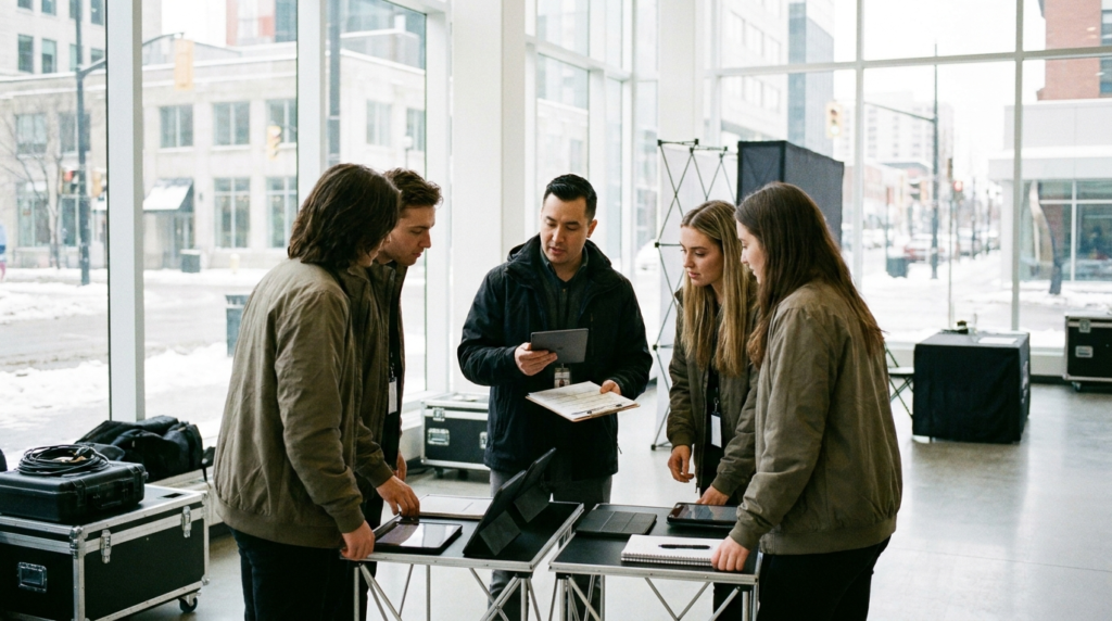 Field manager briefing brand ambassadors before a live activation in Canada