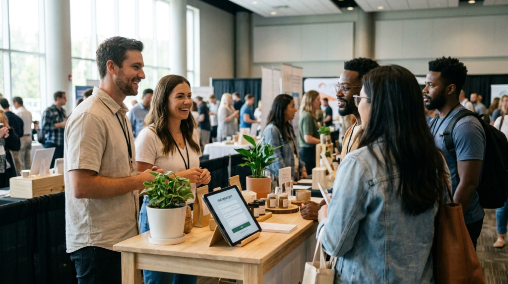Two brand ambassadors speaking with customers at a small business event booth in Ontario