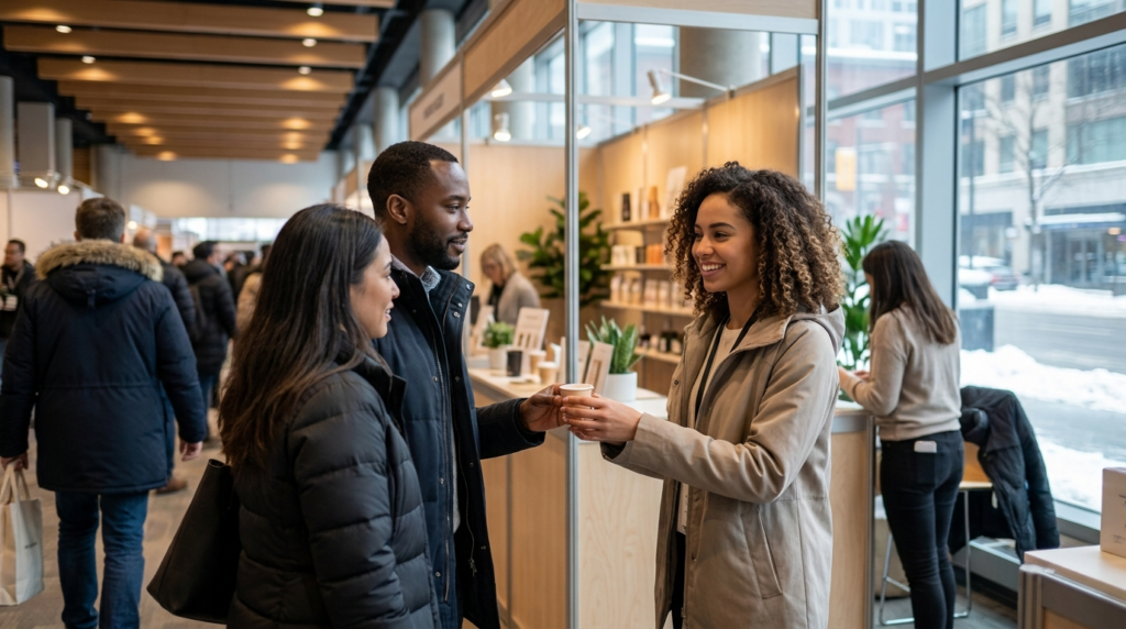 Brand ambassador offering product samples to customers during an experiential marketing activation in Canada