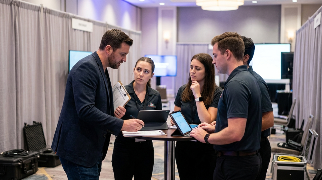 Field manager briefing brand ambassadors before a live marketing activation