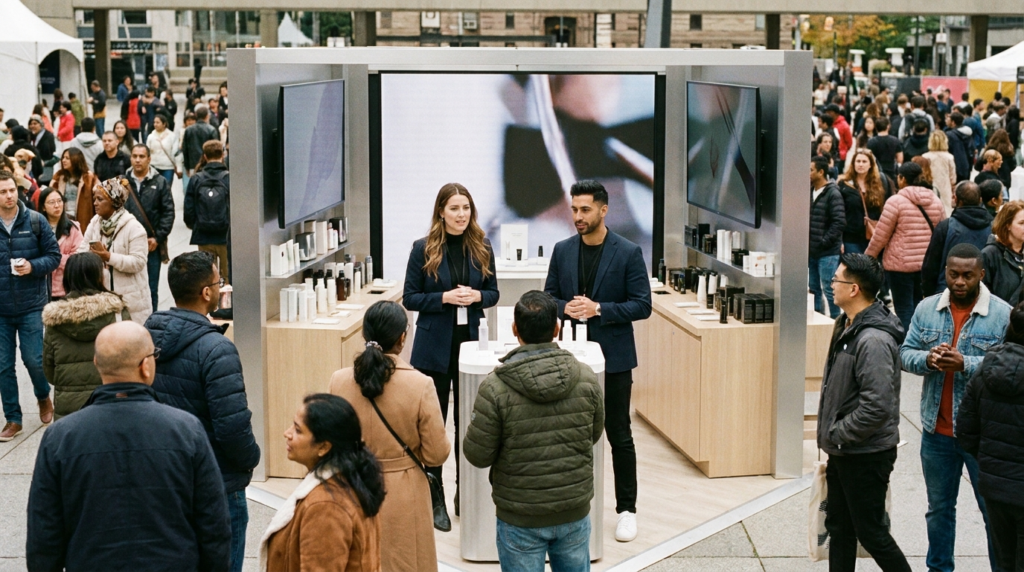 Brand activation booth in Ontario with ambassadors engaging customers at a live event