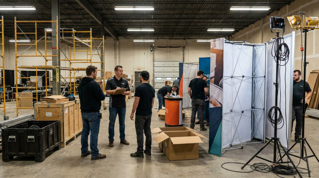 Event team setting up a brand activation booth and display materials in Ontario
