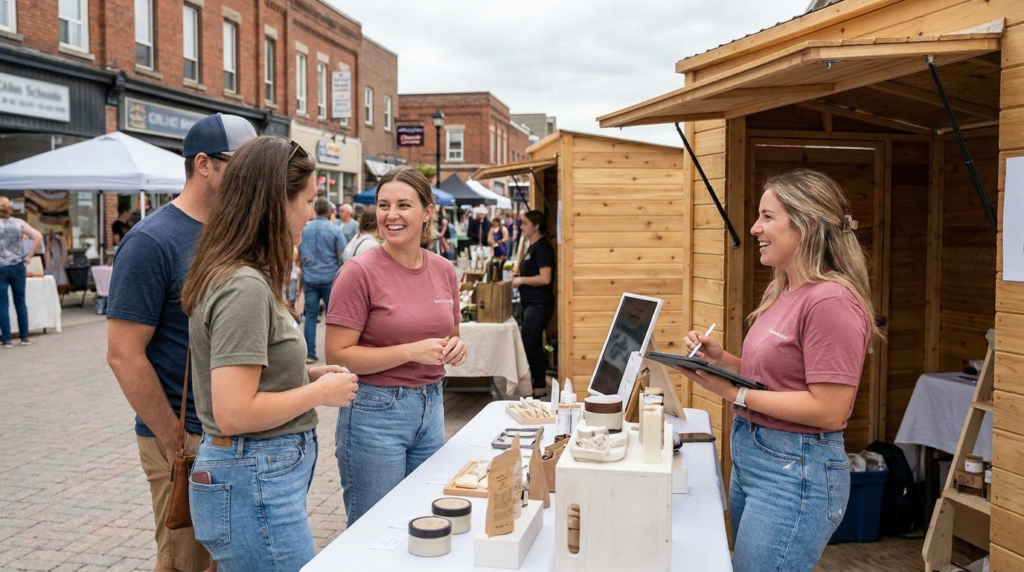 Two brand ambassadors speaking with customers at a small business activation booth in Ontario