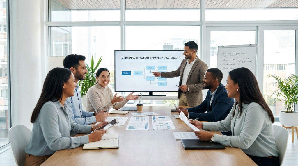 Brand Guruz team planning AI-powered experiential strategy with client