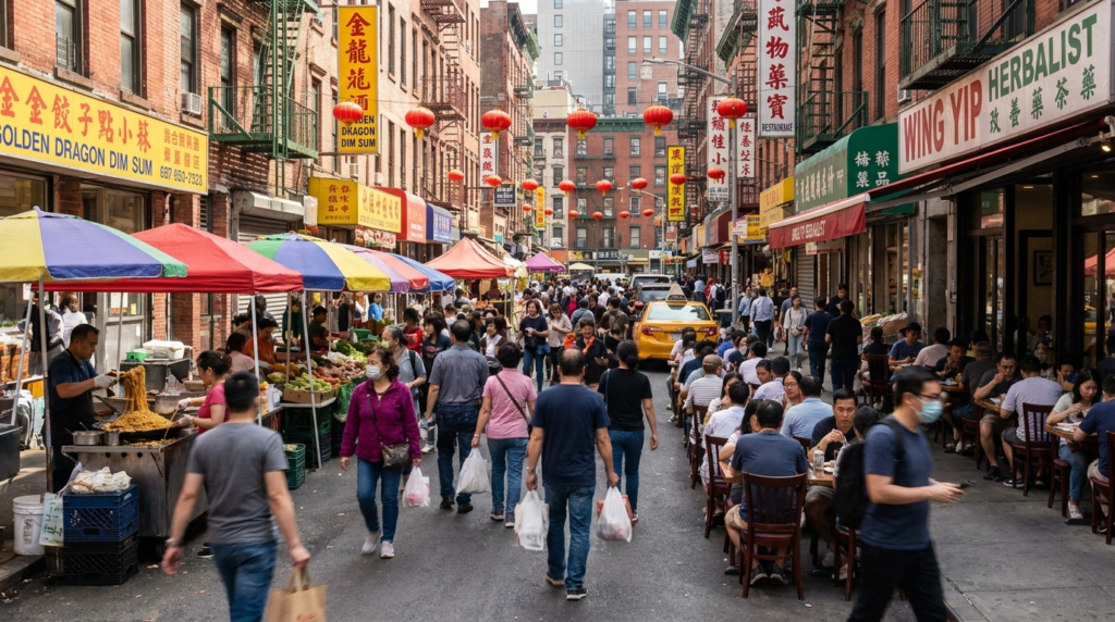 Busy Chinatown neighborhood with active community foot traffic