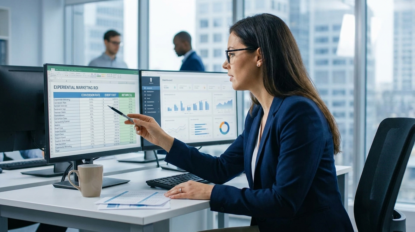 Professional reviewing experiential marketing ROI data and metrics