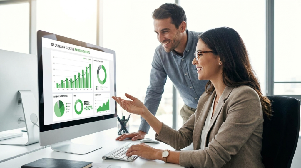 Professional reviewing positive experiential marketing ROI results