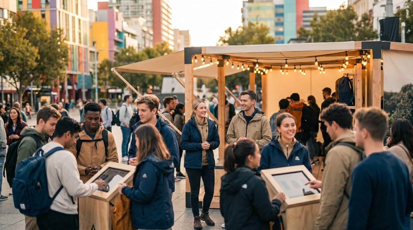 Diverse attendees engaging with brand ambassadors at a vibrant outdoor experiential brand activation event