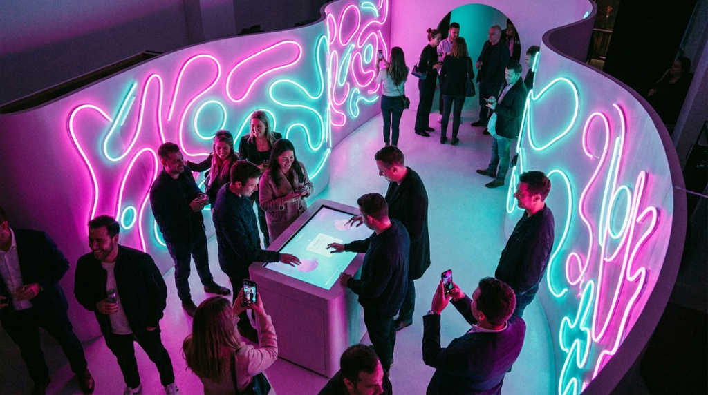 Attendees capturing photos inside a colorful immersive pop-up brand experience installation