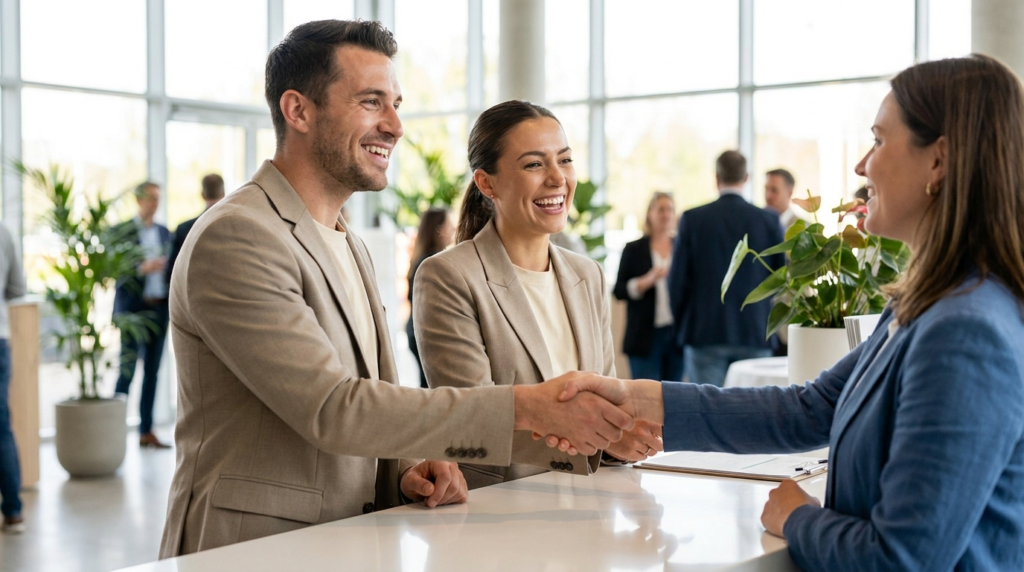 Professional brand ambassadors warmly engaging with a customer at a live activation event