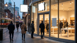 Stylish modern pop-up shop with warm lighting and customers browsing on a Toronto street at dusk
