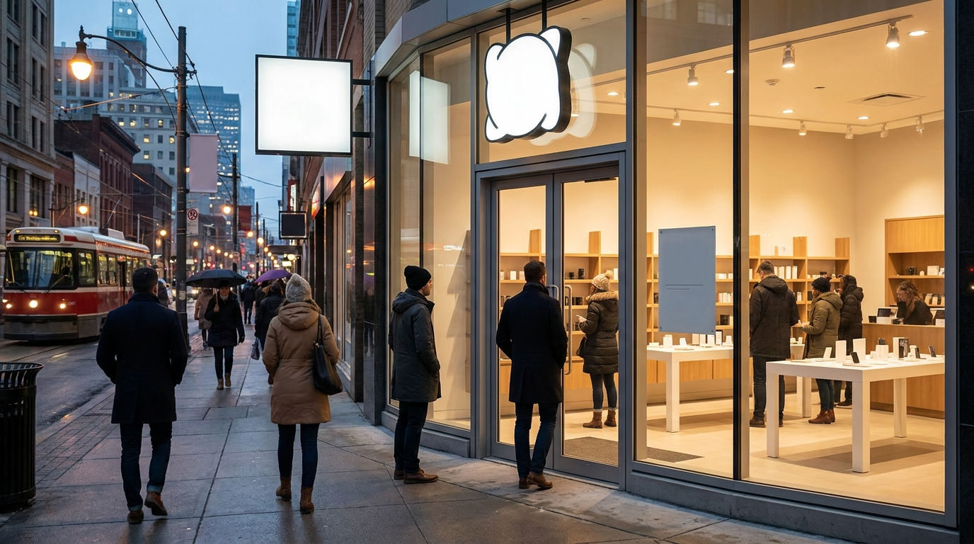 Stylish modern pop-up shop with warm lighting and customers browsing on a Toronto street at dusk