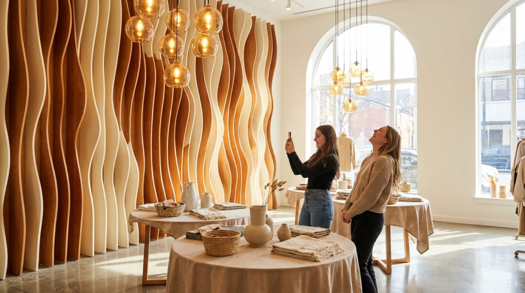 Customer photographing a sculptural installation inside a beautifully designed pop-up shop