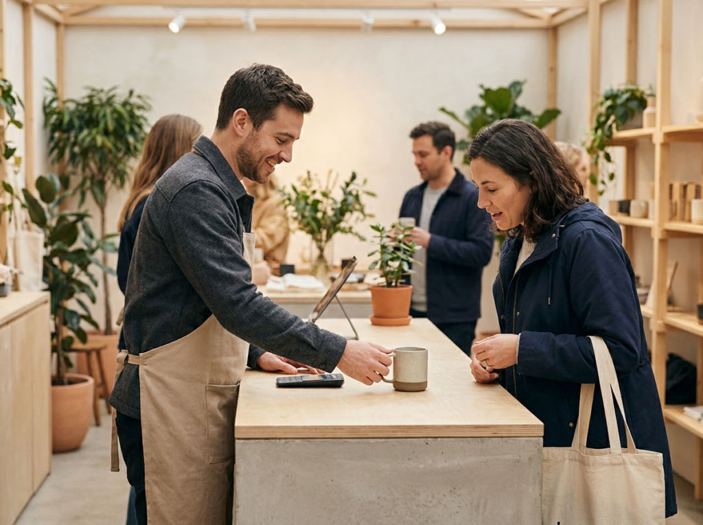 Friendly brand ambassador assisting a customer at a minimalist pop-up shop checkout counter