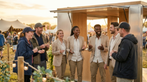 Diverse brand ambassadors warmly engaging with attendees at a vibrant outdoor live event