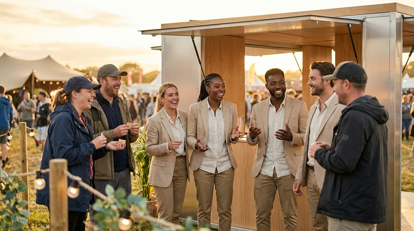 Diverse brand ambassadors warmly engaging with attendees at a vibrant outdoor live event