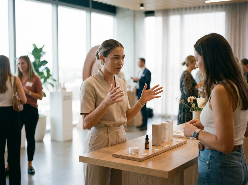 Confident brand ambassador explaining a product to a curious customer at an indoor activation