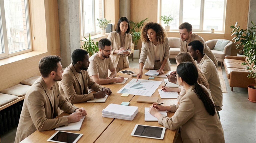 Diverse brand ambassador team gathered around a table during a pre-event briefing