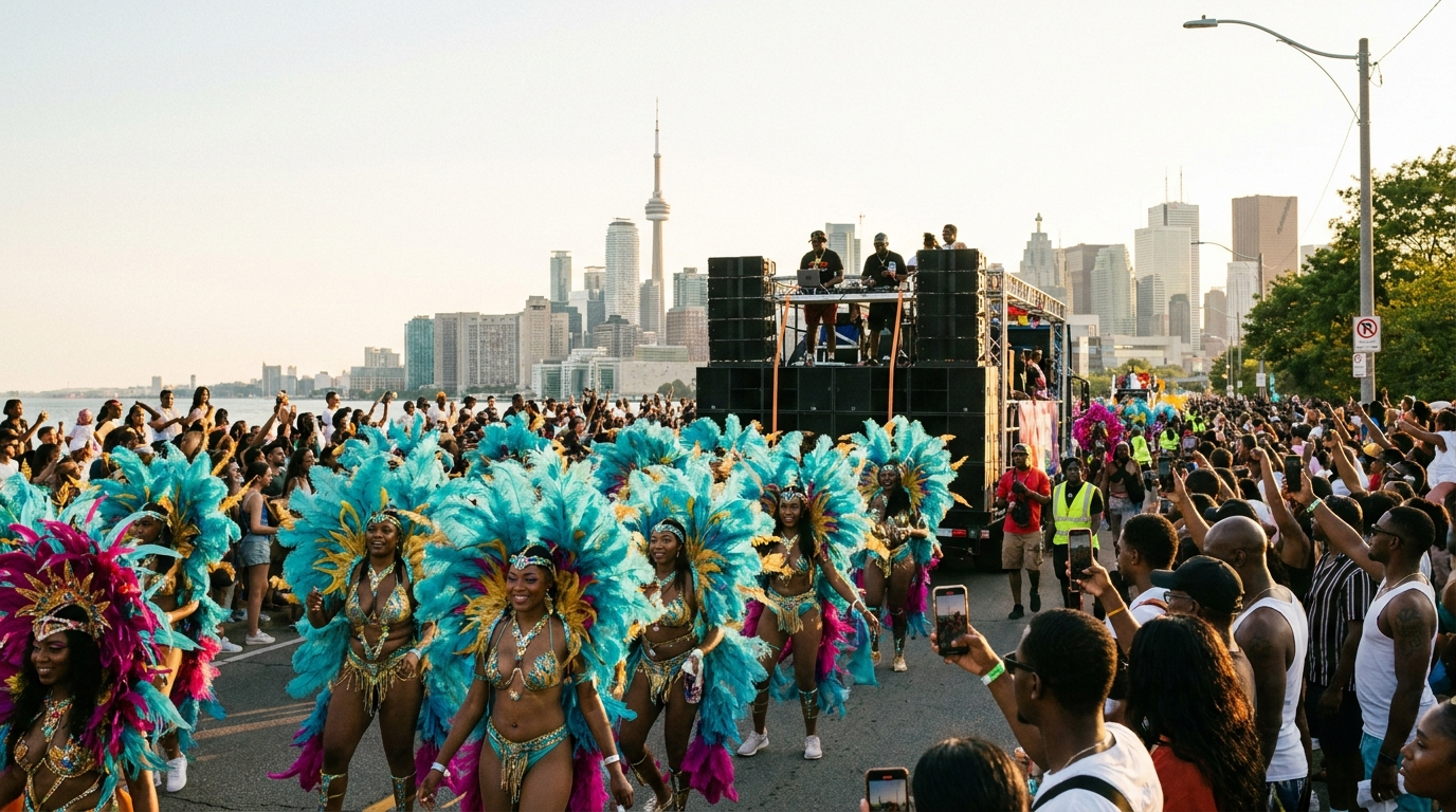 Masqueraders in colourful feathered costumes dancing in front of a music truck during the Caribana Grand Parade in Toronto
