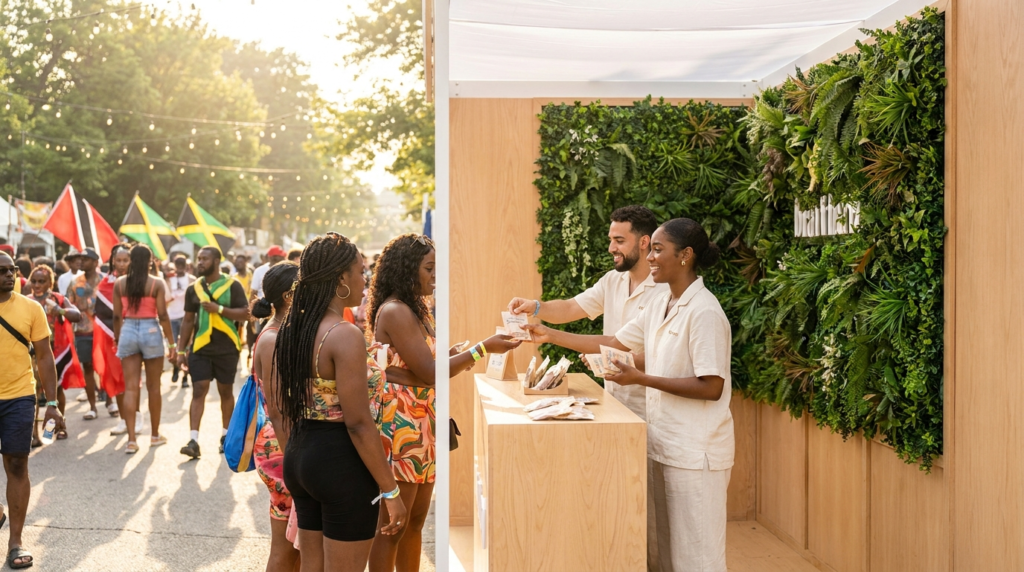 Brand ambassadors at an experiential marketing activation handing product samples to festivalgoers at Caribana in Toronto