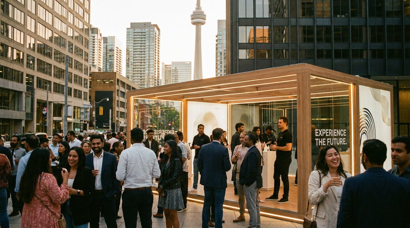 Experiential marketing agency Canada activation with diverse multicultural attendees in downtown Toronto at dusk.