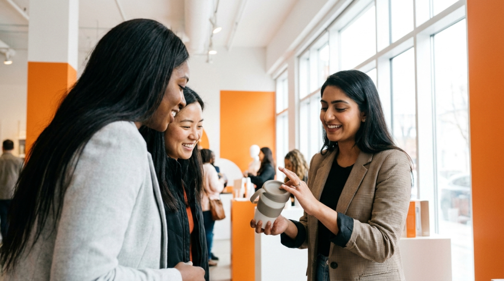 Experiential marketing agency Canada brand ambassador engaging diverse Canadian attendees at a Toronto pop-up activation.
