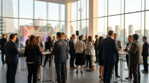 Corporate event planning in Toronto at a downtown venue with networking professionals at golden hour