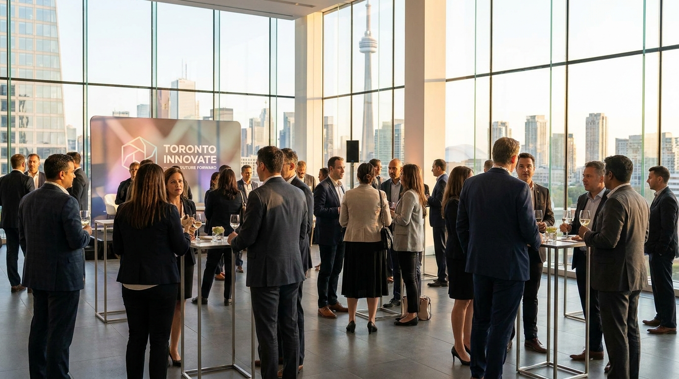 Corporate event planning in Toronto at a downtown venue with networking professionals at golden hour