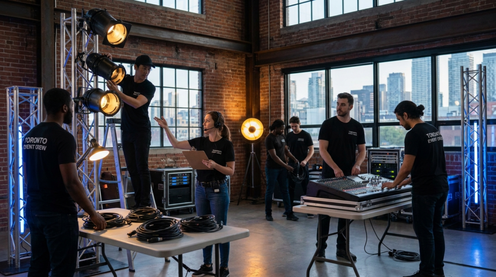 Corporate event production team setting up AV and lighting at a Toronto venue for a 2026 corporate event