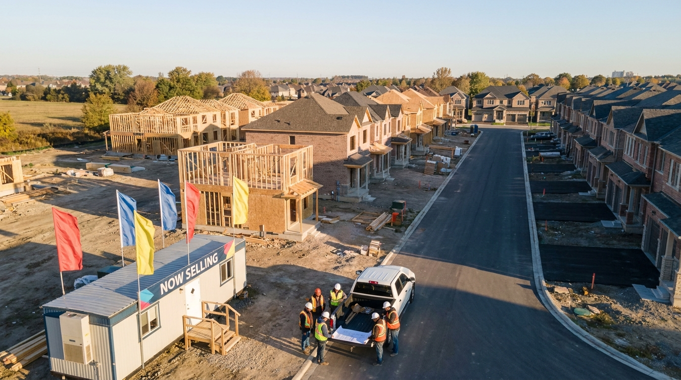 Aerial view of a Greater Toronto Area new-home construction site with townhomes and detached homes under build and a sales centre in the foreground.