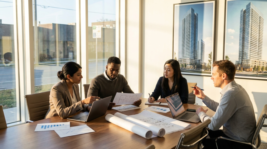 Diverse Canadian builder marketing team reviewing campaign analytics and floor-plan renderings inside a modern Toronto sales centre.