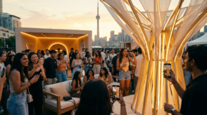 Multicultural Gen Z attendees at an outdoor brand activation in downtown Toronto during golden hour 2026