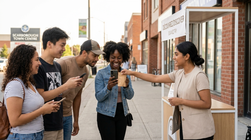 Brand ambassador handing a sample to a multicultural Gen Z group at a Toronto outdoor brand activation in 2026.