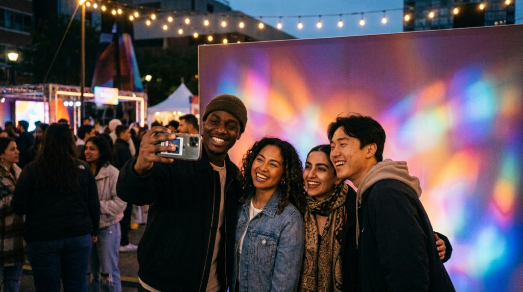 Group of multicultural Gen Z friends filming vertical phone video at a Toronto brand activation in 2026.