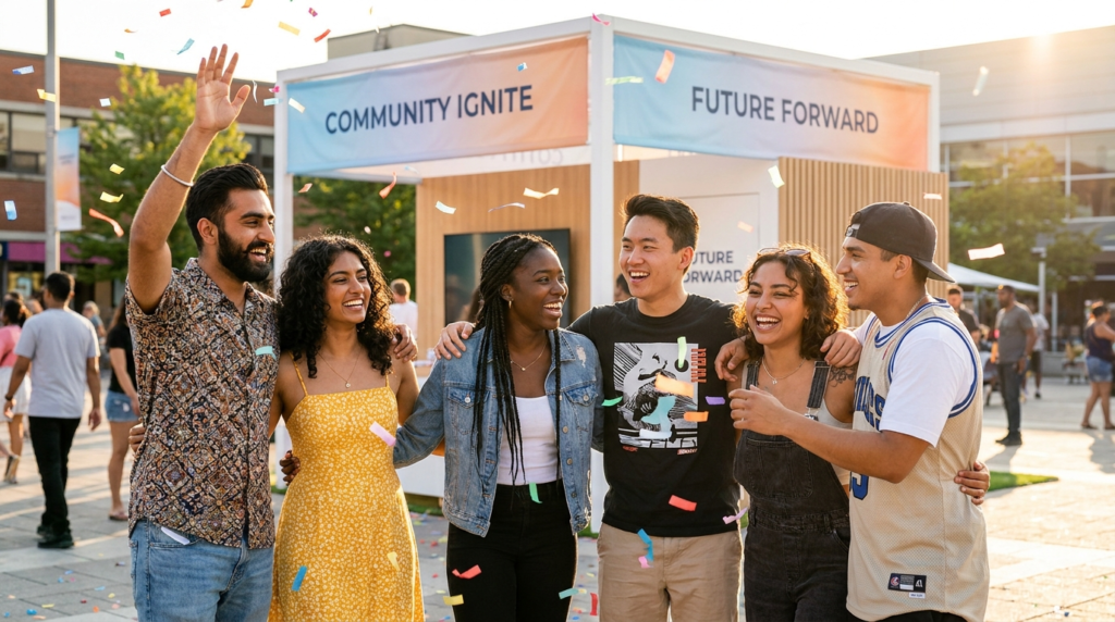 Multicultural Gen Z group celebrating and laughing at an outdoor brand activation in Brampton, Ontario in 2026.