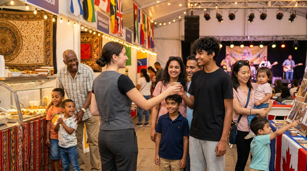 Brand ambassador interacting with a multicultural family at a Carassauga cultural pavilion in Mississauga 2026.