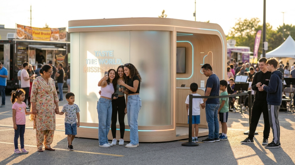 Outdoor brand activation booth at Carassauga festival with multicultural attendees in Mississauga 2026.