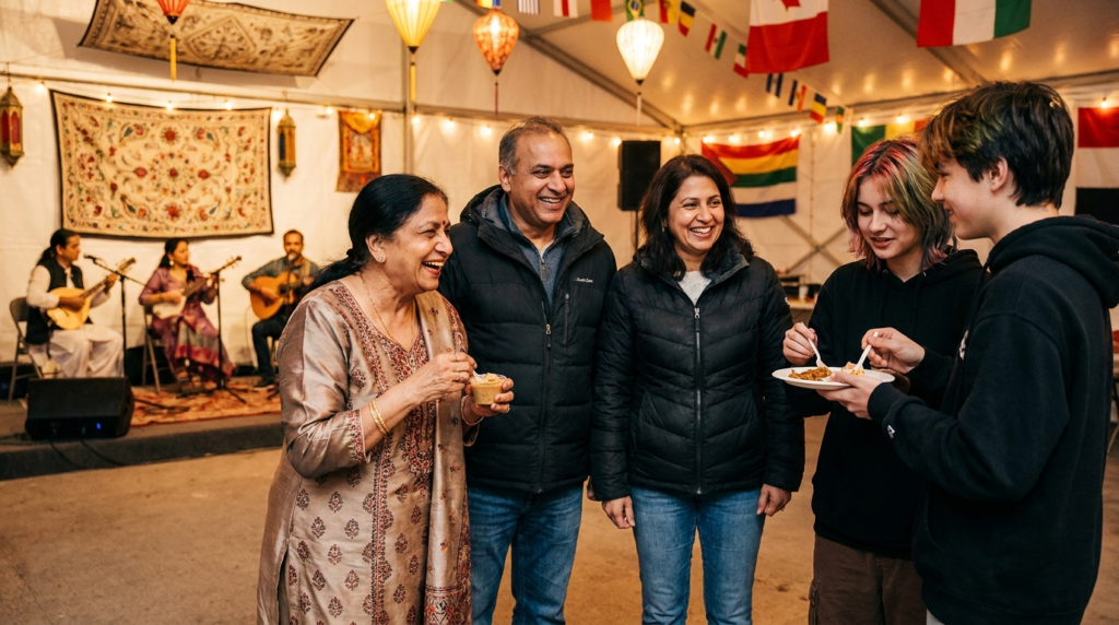 Multicultural family of three generations sharing food and laughter at a Carassauga brand activation in Mississauga 2026.
