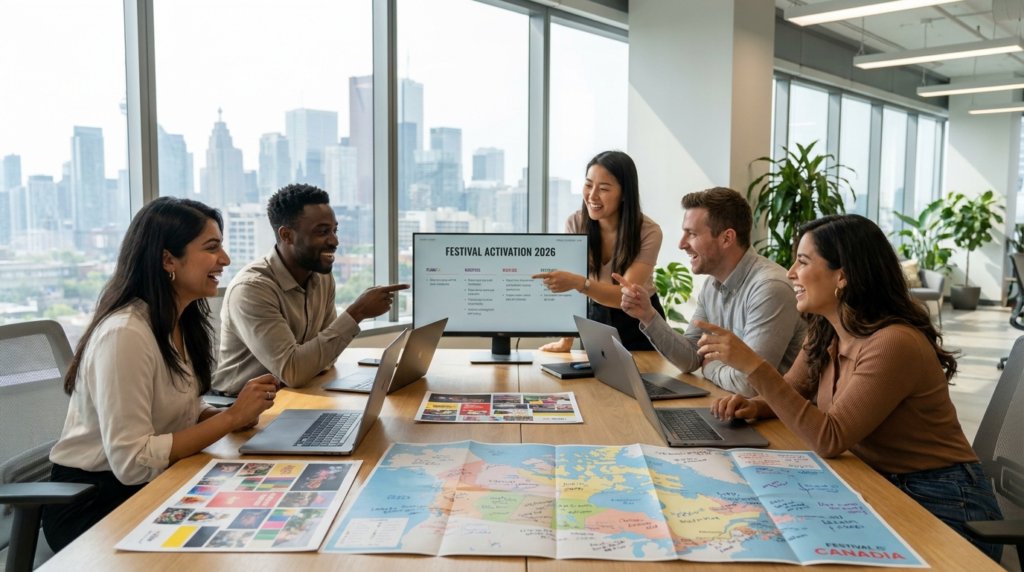 Diverse multicultural marketing team planning a Canadian festival brand activation around a meeting table in 2026.
