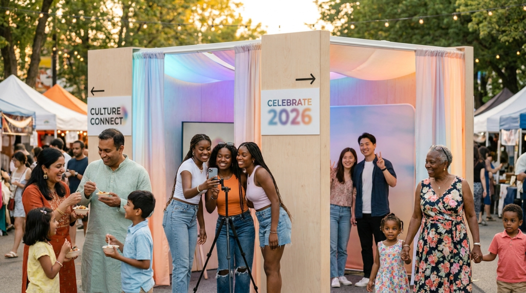 Custom-designed brand activation booth at a Canadian multicultural festival with diverse attendees engaging in 2026.