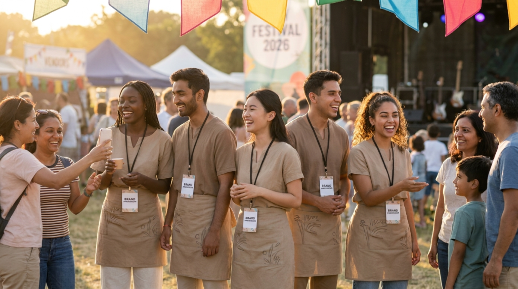 Diverse brand ambassador team interacting with multicultural attendees at a Canadian festival activation in 2026.