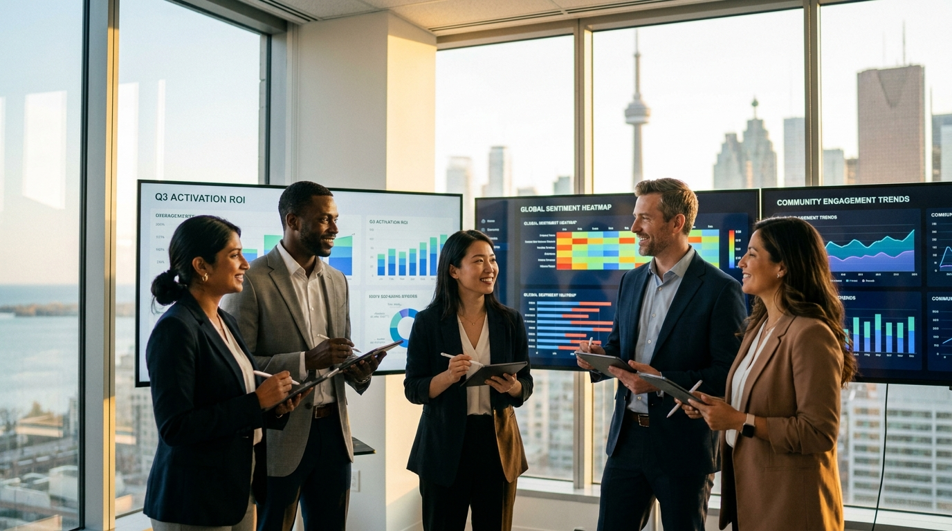 Marketing team analyzing experiential marketing ROI dashboards and brand activation data in a Canadian agency office in 2026.
