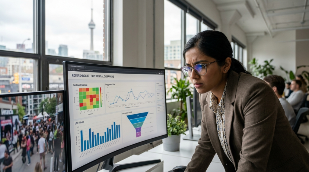 Marketing analyst reviewing experiential marketing ROI dashboard with engagement and sentiment data in a Toronto agency in 2026.