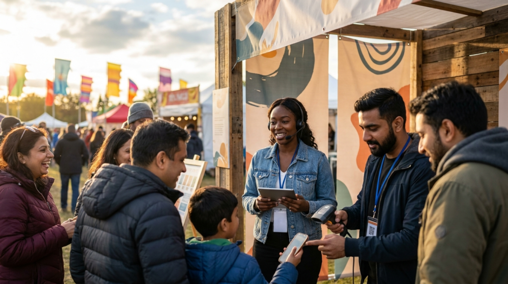 Marketing staff capturing engagement data at a Canadian brand activation booth with multicultural attendees in 2026.
