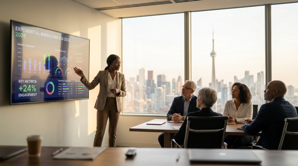 Marketing director presenting experiential marketing ROI report to executives in a Canadian agency boardroom in 2026.