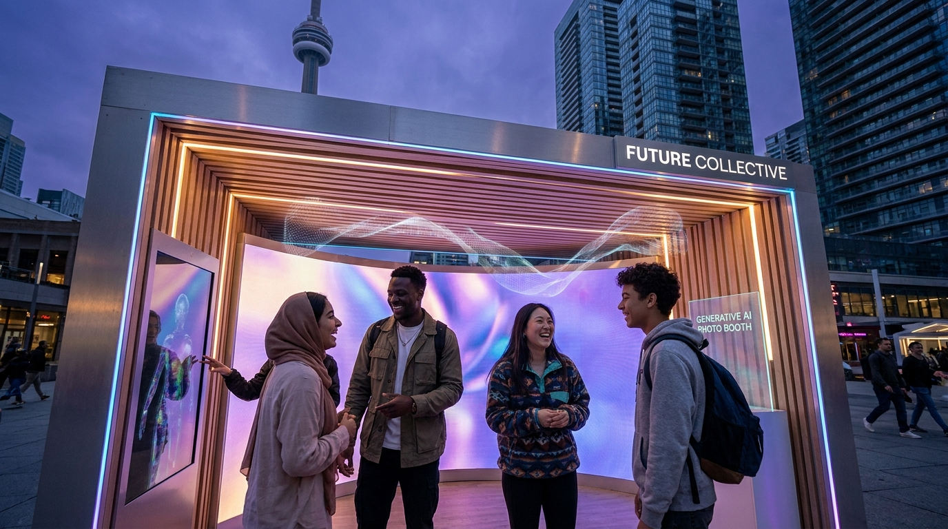 Multicultural Gen Z attendees using AI-powered immersive technology at a Canadian brand activation in 2026.