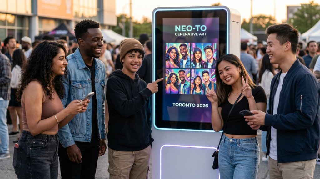 Gen Z attendees using an AR mirror at an immersive brand activation in downtown Toronto in 2026.